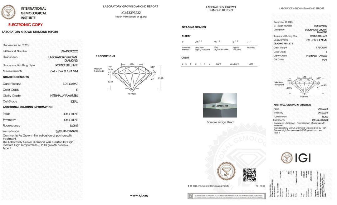 IGI-zertifizierter 1,72-karätiger, im Labor gezüchteter Diamant im Rundschliff – Reinheit IF, Farbe E