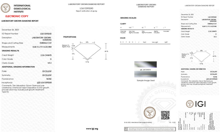 Diamant cultivé en laboratoire certifié IGI 2,26 CT taille émeraude - Couleur VS2/D