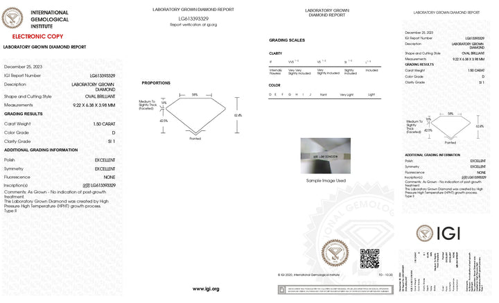 Strahlender, im Labor gezüchteter Diamant im Ovalschliff (1,50 Karat) – IGI-zertifiziert, Farbe D, Reinheit SI1