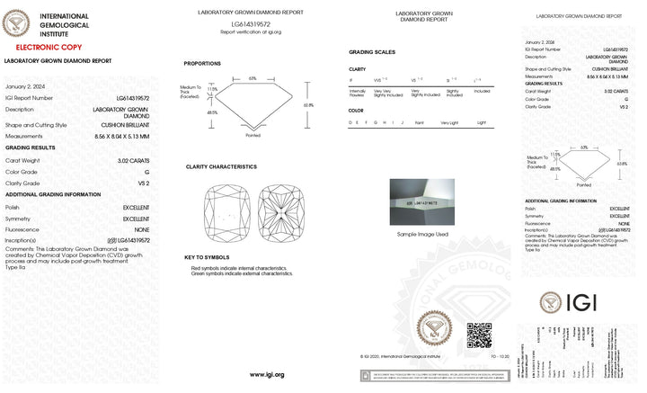 IGI Certified 3.02 CT Cushion Cut Lab-Grown Diamond - G Color, VS2 Clarity