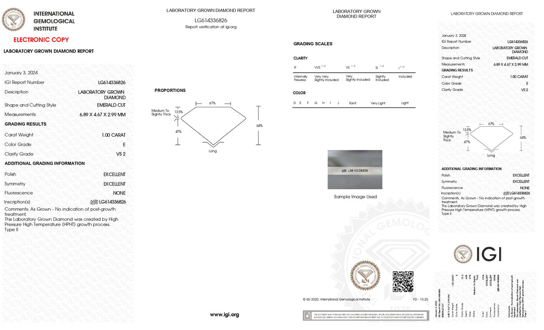 IGI -certifierad 1,00 CT Emerald Cut Lab -odlad diamant - E Färg, fantastisk VS2 -tydlighet