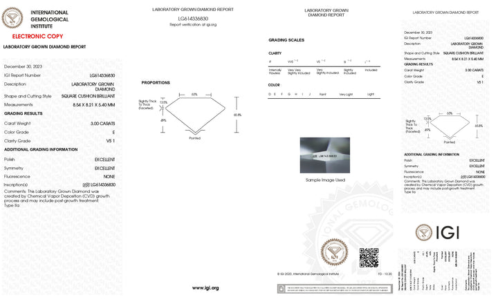 Diamant taille brillant coussin certifié IGI 3,00 CT cultivé en laboratoire - Clarté VS1, couleur E