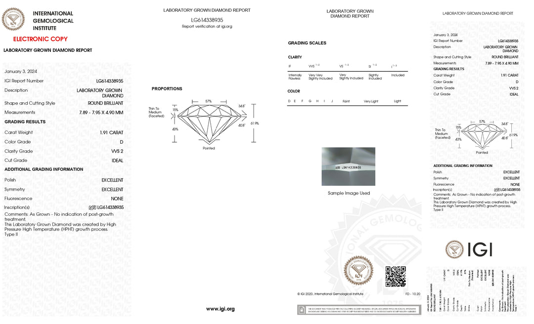 1,91 Karat, runder, im Labor gezüchteter Diamant – IGI-zertifiziert, VVS2-Klarheit, D-Farbe