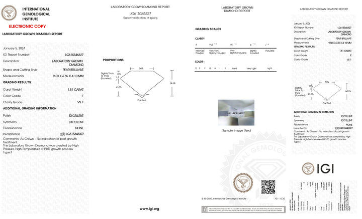 Diamant cultivé en laboratoire, taille poire, 1,51 carat, certifié IGI, couleur E, clarté VS1