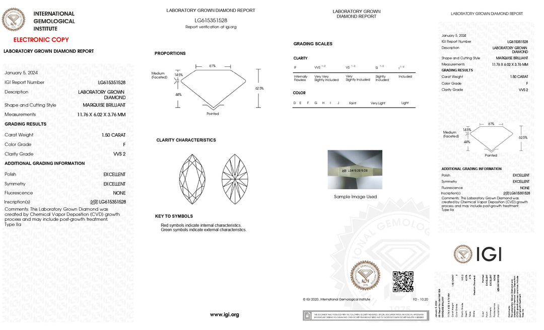 Diamant cultivé en laboratoire certifié IGI 1,50 CT taille marquise | Clarté VVS2 | Couleur F