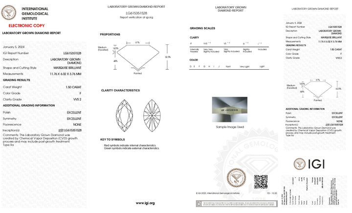 Diamant cultivé en laboratoire certifié IGI 1,50 CT taille marquise | Clarté VVS2 | Couleur F