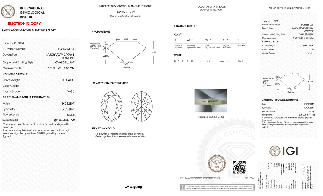 IGI Sertifikalı 1.00 CT Oval Kesim Laboratuvarı Grown Diamond - D Renk, Kusursuz VVS2 Clarity