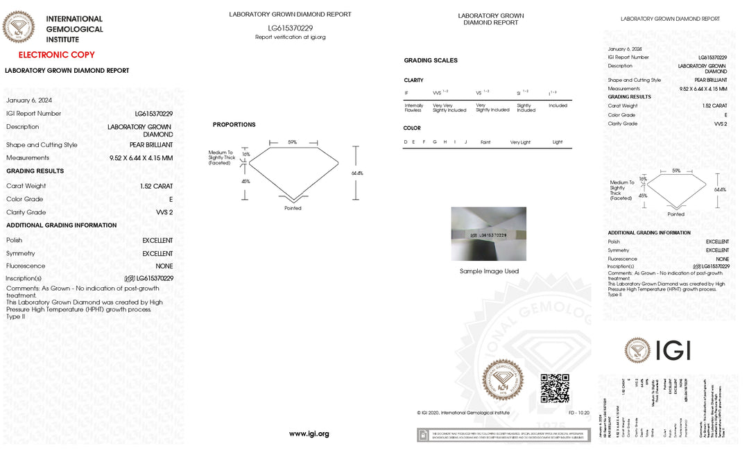 1.52 Carat Pear Cut Lab Grown Diamond, IGI Certified, VVS2/E