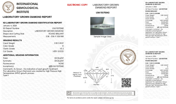 IGI certificeret 0,50 ct rundskåret lab-dyrket diamant | D farve, VS2 klarhed