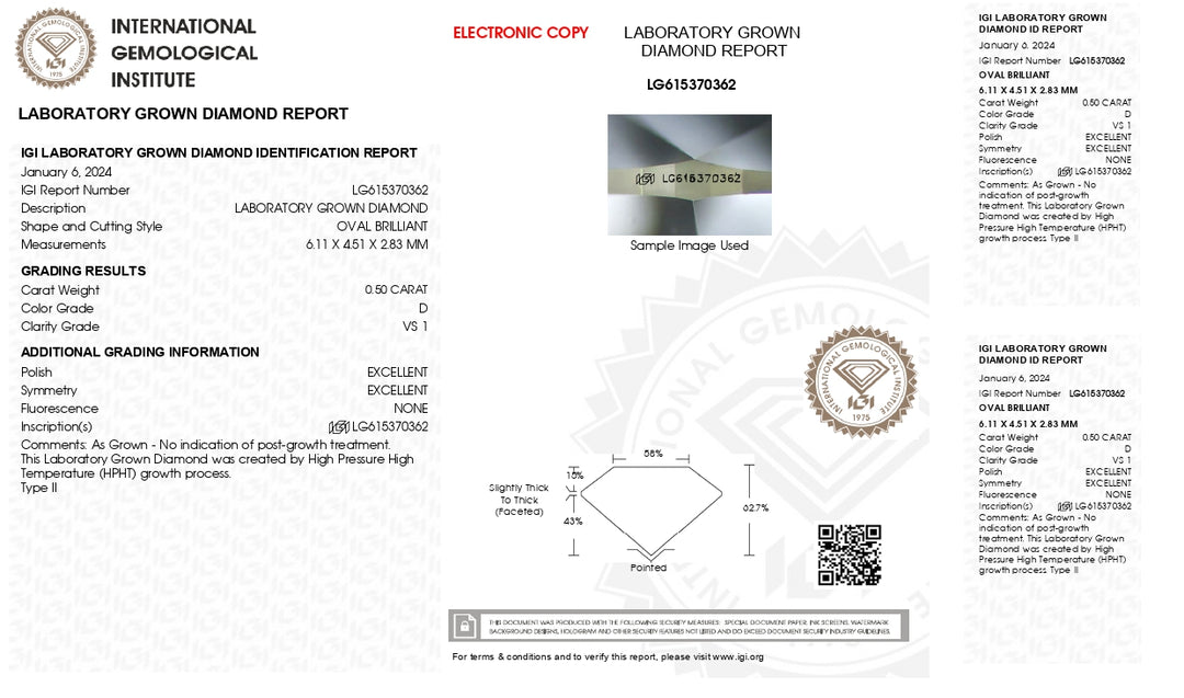 IGI gecertificeerd 0,50 ct Oval Cut Lab Gegroeide diamant - D kleur, VS1 Clarity