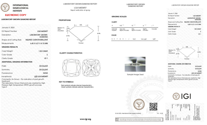 Elegant 1.50 CT Cushion Cut Lab Grown Diamond - IGI Certified, E Color, VS1 Clarity