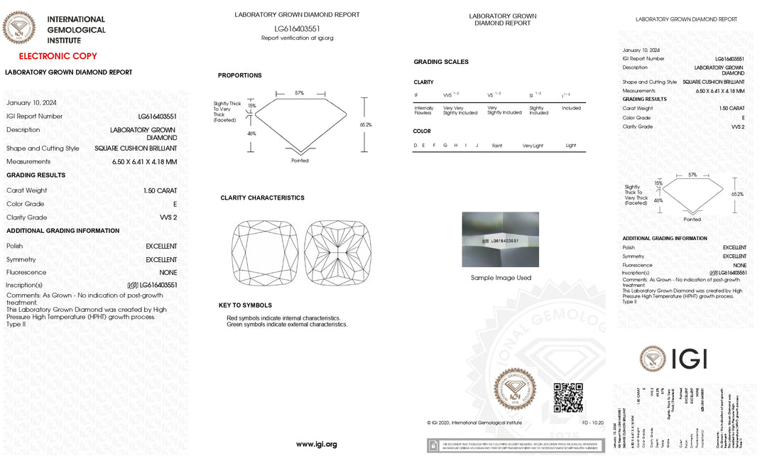 Luxurious 1.50 CT Cushion Cut Lab Grown Diamond - IGI Certified, E Color, VVS2 Clarity