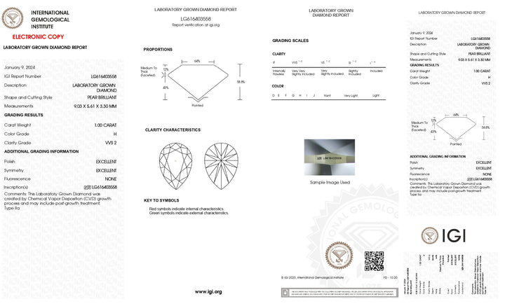 IGI-zertifizierter 1,00 Karat schwerer, im Birnenschliff gefertigter Labordiamant | Reinheit VVS2 | Farbe H
