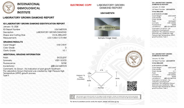 IGI Sertifikalı 0.50 CT Oval Kesim Laboratuvarı Grown Diamond - D Renk, VS1 Clarity