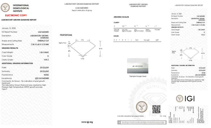 Exquisiter, im Labor gezüchteter Diamant im Smaragdschliff (1,50 Karat) – IGI-zertifiziert, VVS2-Klarheit, Farbe D