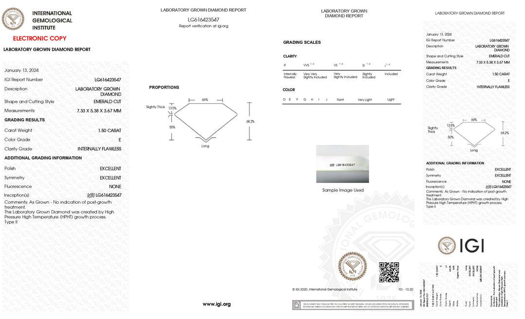 IGI Certified 1.50 CT Lab Grown Diamond - Emerald Cut, E Color, Internally Flawless Clarity