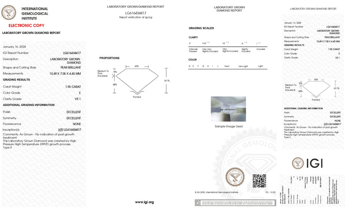 IGI-zertifizierter, im Labor gezüchteter Diamant im Birnenschliff von 1,95 Karat – Reinheit VS1, Farbe E