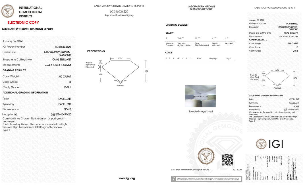 IGI gecertificeerd 1,00 CT Oval Lab Gegroeide diamant - D kleur, VVS1 Clarity