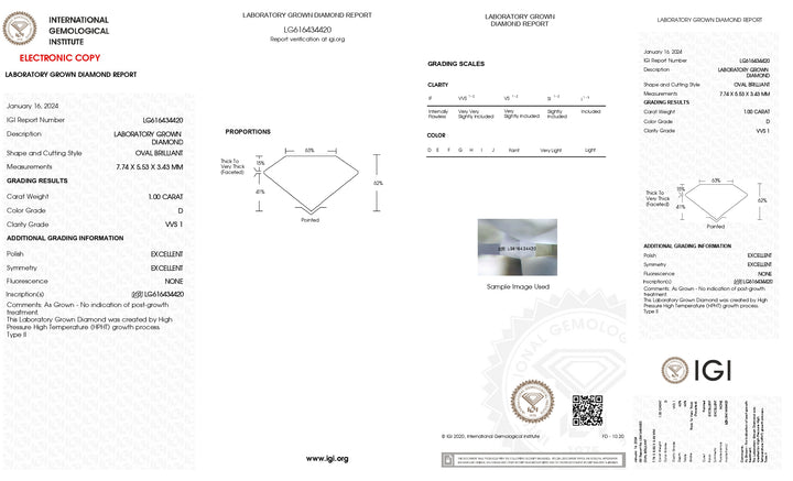 IGI認定1.00 CT Oval Lab Grown Diamond -D Color、VVS1 Clarity