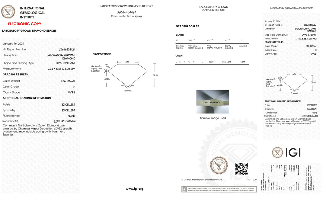 IGI-zertifizierter 1,55 Karat ovaler Labordiamant, Reinheit VVS2, Farbe H