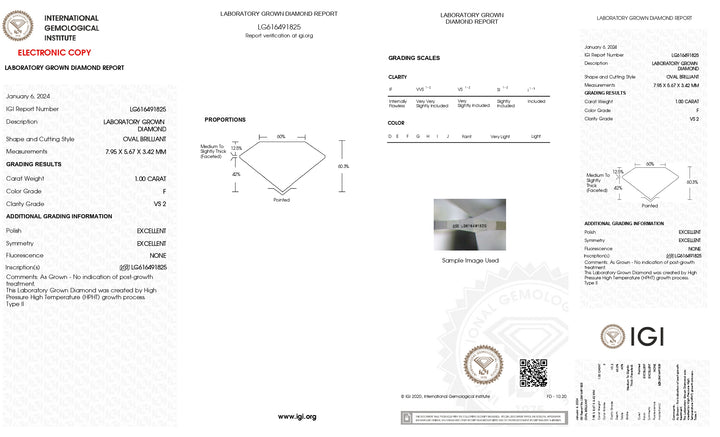 IGI認定1.00 CT Oval Lab Grown Diamond -F Color、VS2 Clarity