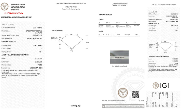 IGI-zertifizierter, im Labor gezüchteter Diamant im Smaragdschliff, 2,00 Karat, Farbe D, Reinheit VS1