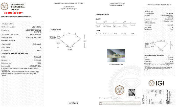 IGI Certified 1.55 CT Oval Cut Lab-Grown Diamond - VVS1 Clarity, E Color