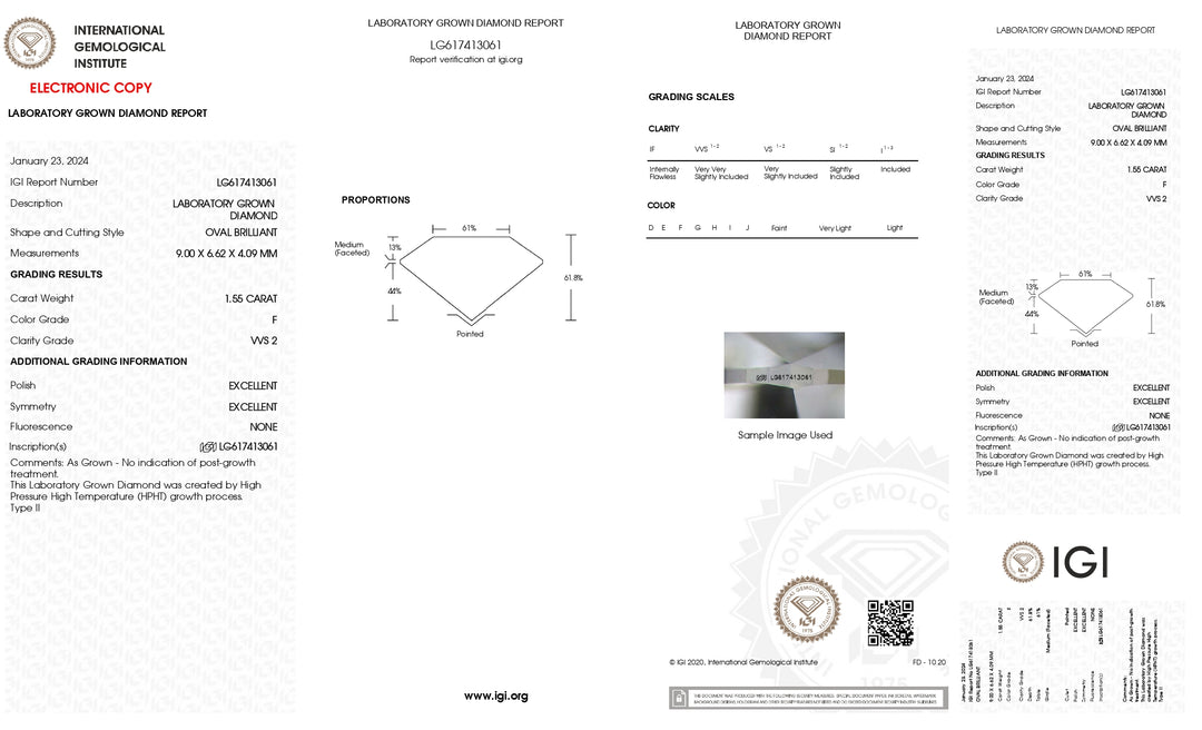 IGI Certified 1.55 Carat Oval Cut Lab-Grown Diamond - VVS2 Clarity, F Color