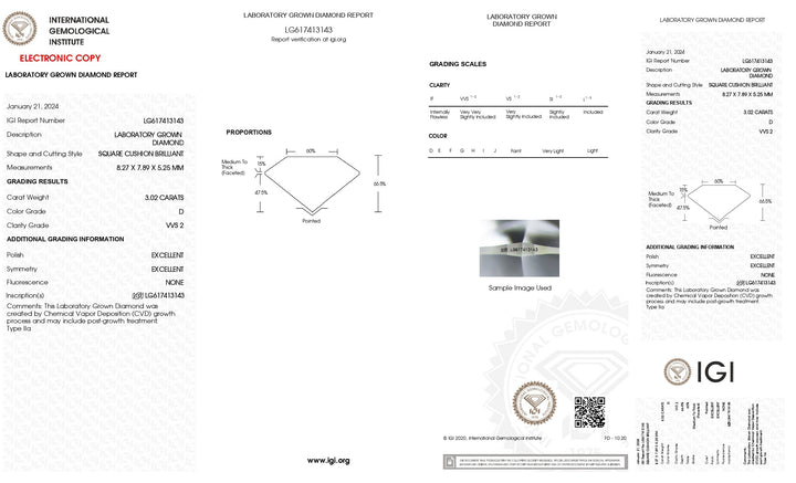 IGI Certified 3.02 CT Cushion Cut Lab-Grown Diamond, D Color, VVS2 Clarity