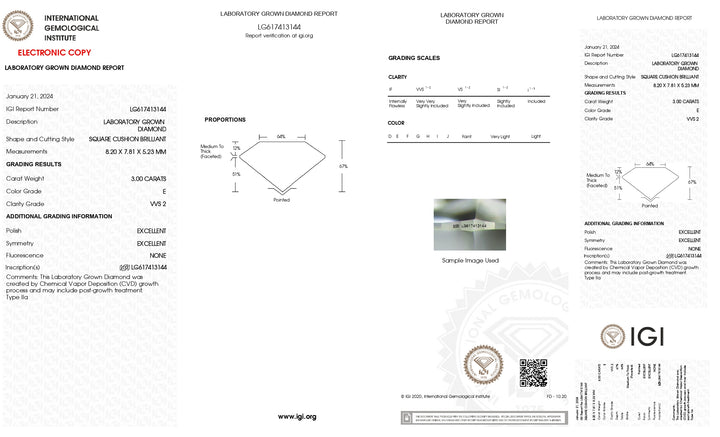 IGI Certified 3.00 CT Lab Grown Cushion Cut Diamond - VVS2 Clarity, E Color