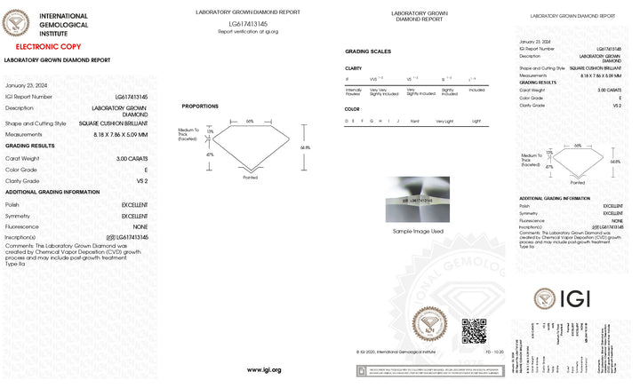 IGI Certified 3.00 CT Lab Grown Cushion Cut Diamond - VS2 Clarity, E Color