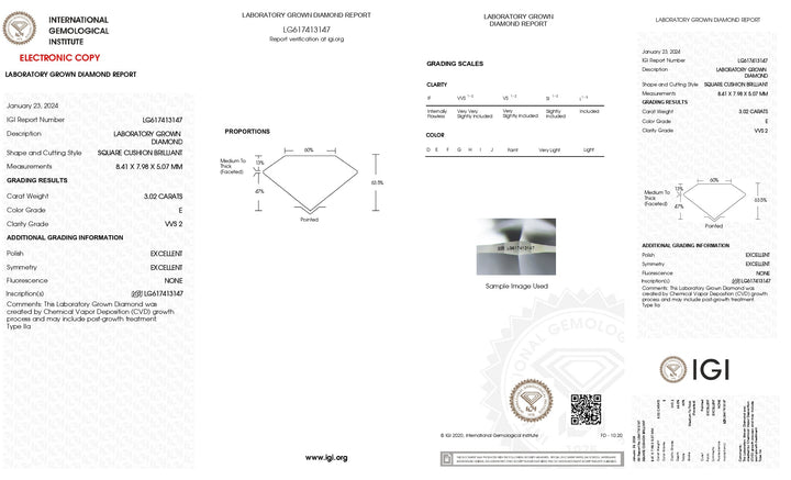 IGI Certified 3.02 CT Cushion Cut Lab-Grown Diamond - VVS2 Clarity, E Color