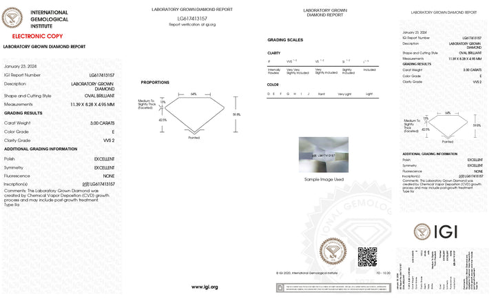 Impressive 3.00 CT Oval Cut Lab Grown Diamond - IGI Certified, E Color, VVS2 Clarity