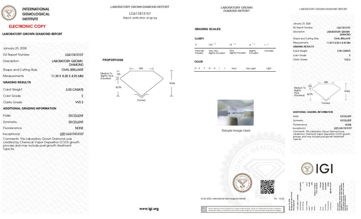 Beeindruckender 3,00 Karat oval geschliffener, im Labor gezüchteter Diamant – IGI-zertifiziert, Farbe E, Reinheit VVS2