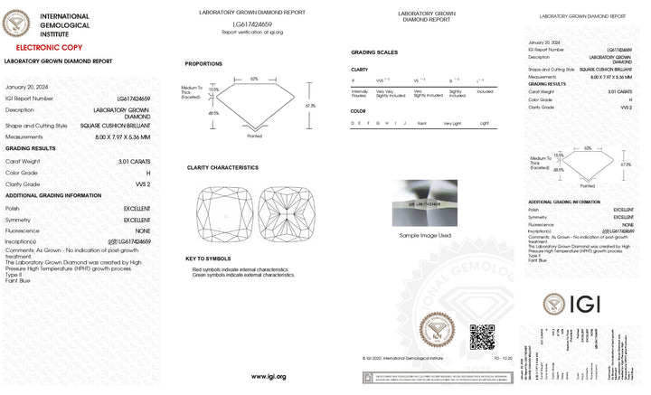 IGI Certified 3.01 CT Cushion Cut Lab-Grown Diamond - VVS2 Clarity, H Color