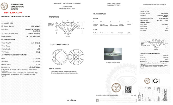 Diamant rond cultivé en laboratoire certifié IGI de 2,00 CT | Couleur D, clarté VS2