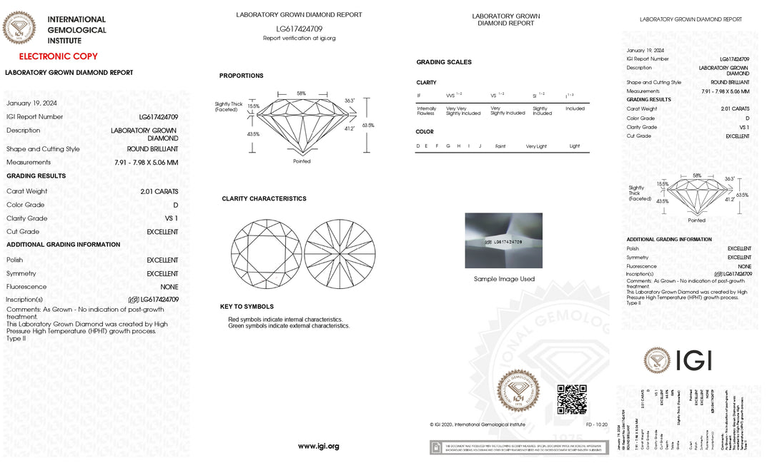 IGI Certified 2.01 CT Round Cut Lab Grown Diamond - VS1 Clarity, D Color, Excellent Cut