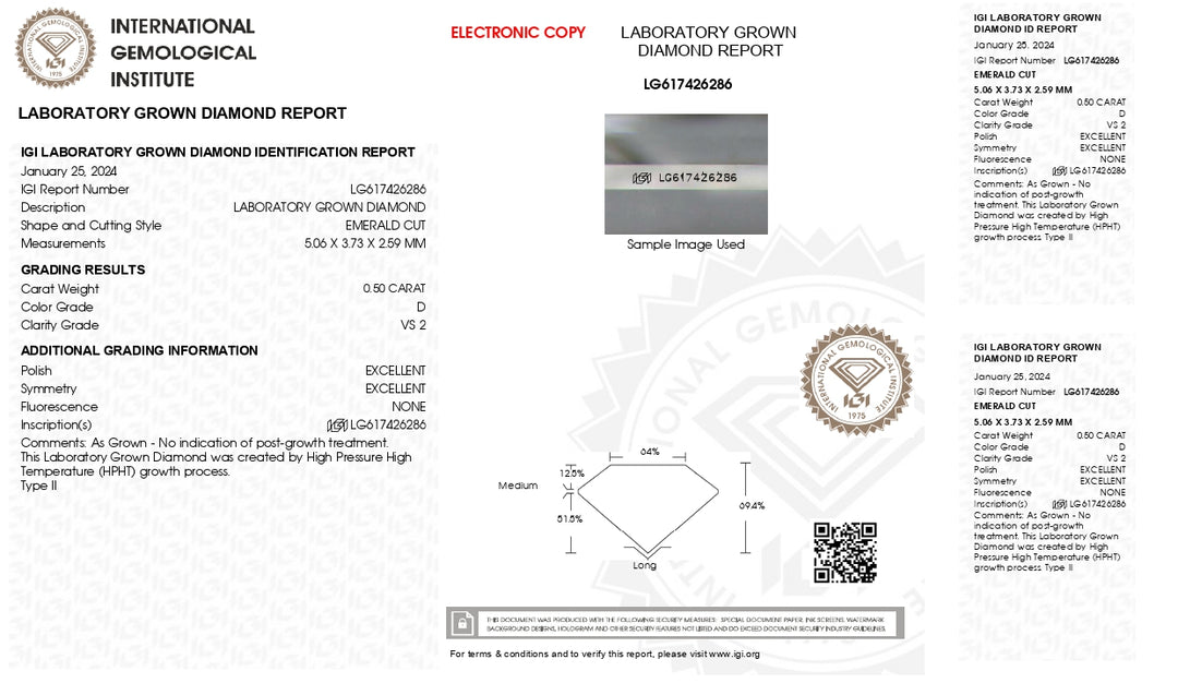 IGI gecertificeerd 0,50 CT Emerald Cut Lab Gegroeide diamant - D kleur, vs2 duidelijkheid