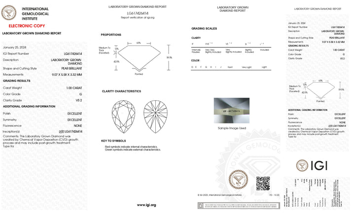 IGI-zertifizierter 1,00 Karat schwerer, im Birnenschliff gefertigter Labordiamant | Reinheit VS2 | Farbe G 