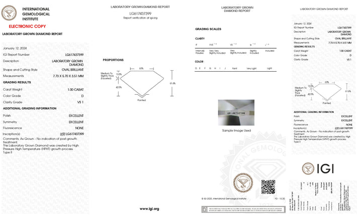 Exquisiter, im Labor gezüchteter Diamant im Ovalschliff (1,00 Karat) | IGI-zertifiziert, Farbe D, Reinheit VS1