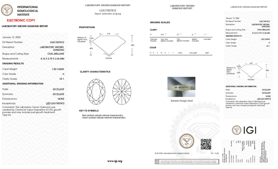 IGI sertifikalı 1.00 ct oval laboratuvarda büyüyen elmas: VS1 Clarity, H rengi