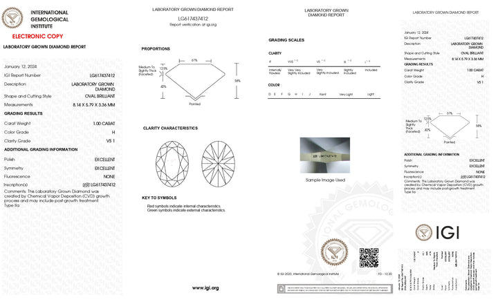 IGI сертифікований 1,00 Ct Oval Lab-Lab-Diamond: VS1 Clarity, H Колір