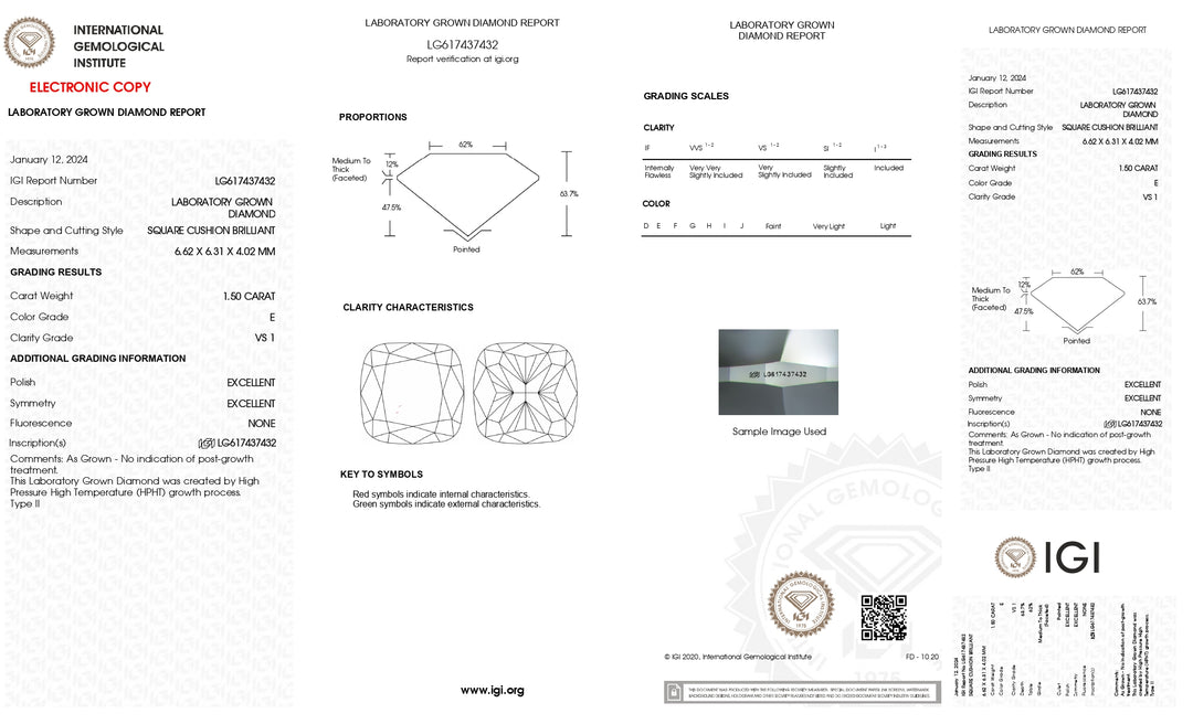 Sophisticated 1.50 CT Cushion Cut Lab Grown Diamond - IGI Certified, E Color, VS1 Clarity