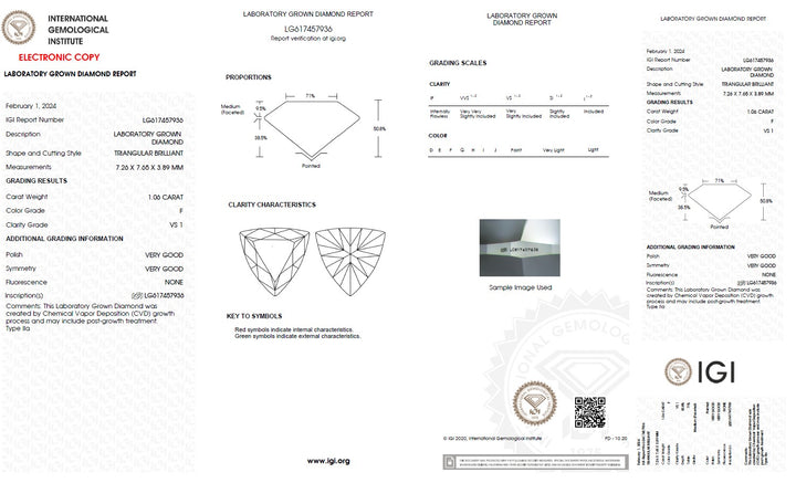 1.06 Carat Trilliant Lab Grown Diamond, VS1/F