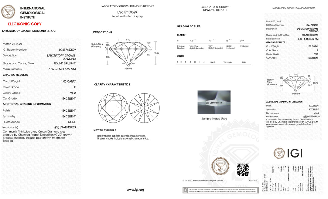 Impressive 1.00 CT IGI Certified Round Cut Lab Grown Diamond - F Color, VS2 Clarity