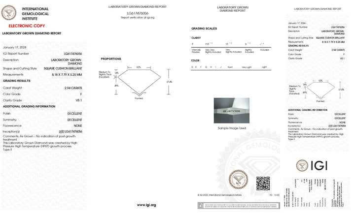 IGI Certified 2.94 CT Cushion Cut Lab-Grown Diamond - F Color, VS1 Clarity