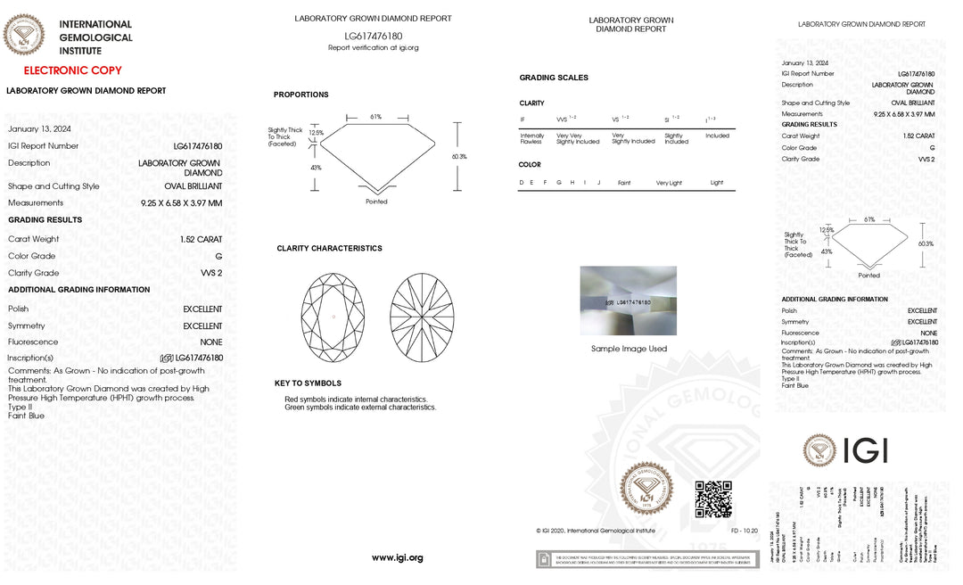 IGI Certified 1.52 CT Oval Cut Lab-Grown Diamond – VVS2 Clarity, G Color