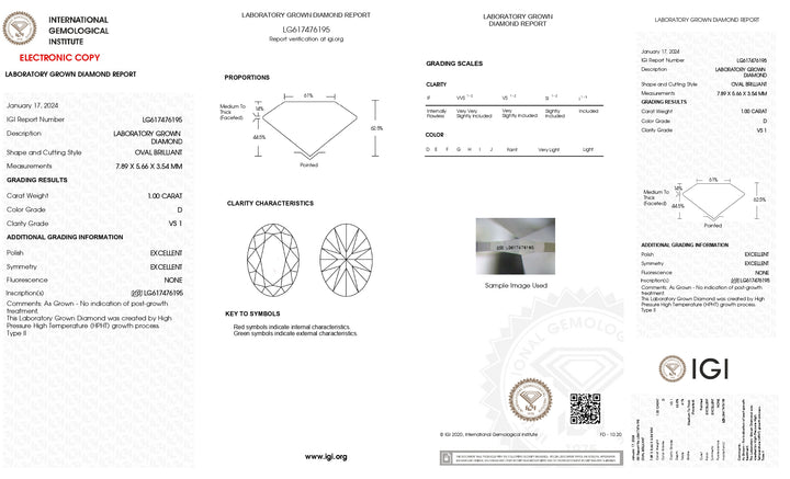 Diamant cultivé en laboratoire de taille ovale de 1,00 CT certifié IGI | Couleur D, clarté VS1