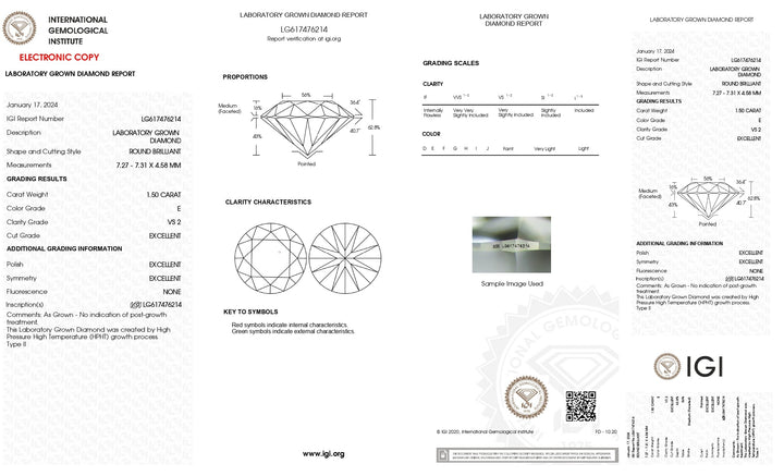 IGI Certified 1.50 CT Round Lab Grown Diamond - E Color, VS2 Clarity