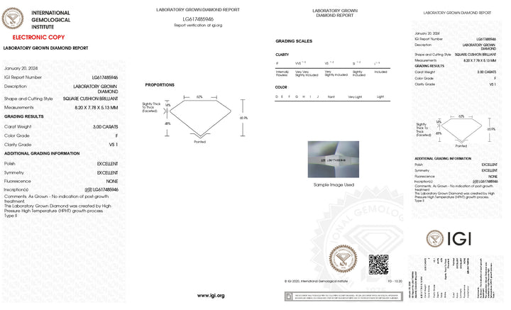 Exquisite 3.00 CT Cushion Cut Lab Grown Diamond - IGI Certified, F Color, VS1 Clarity